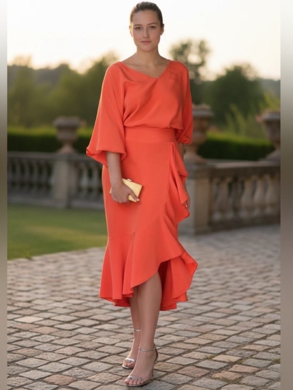 TUCKERNUCK DANIELLE ROLLINS SILK BETTINA CORAL ORANGE CASCADE RUFFLE MIDI SKIRT